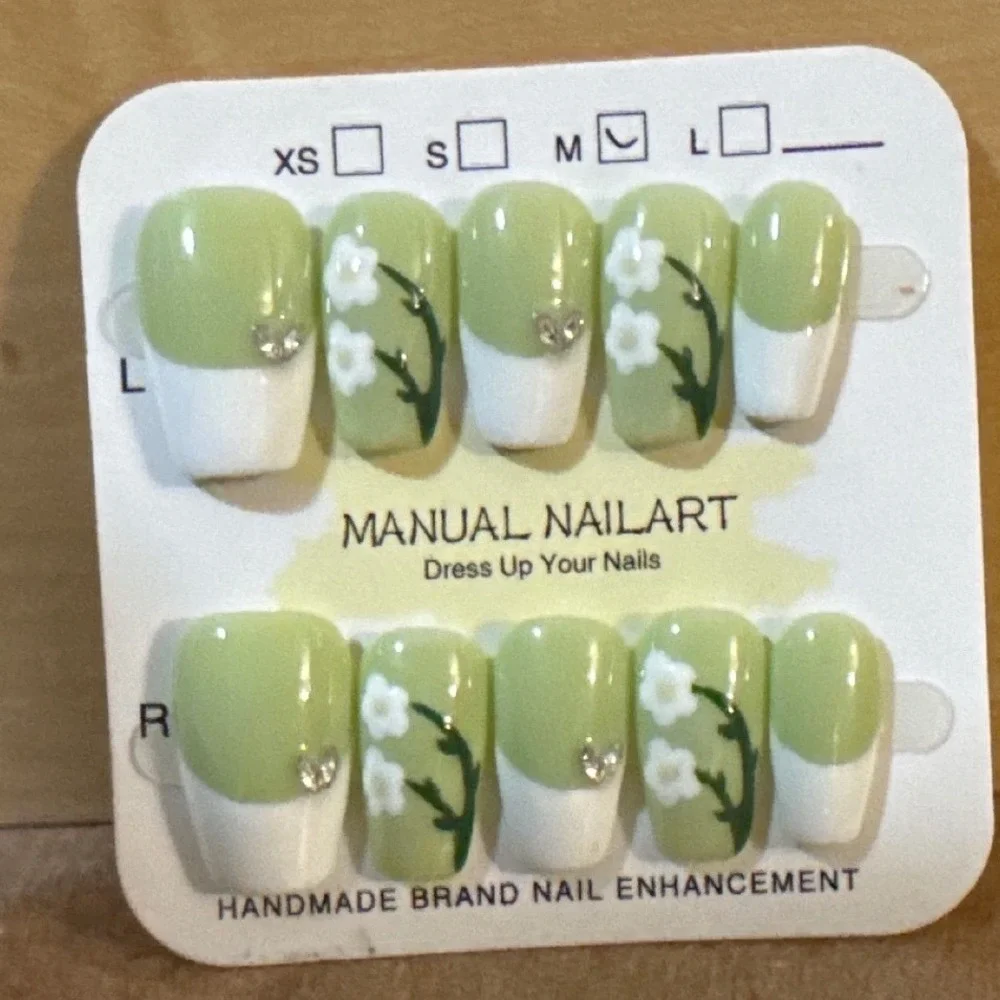 Sage Green White French Tip Floral Press On‎ Nails Medium Coffin